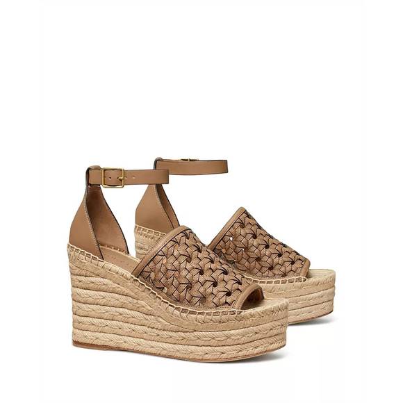 NEW TORY BURCH basketweave calfskin wedge espadrille sandal in almond flour - Picture 1 of 4